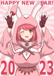Rule 34 | 1girl, 2023, absurdres, animal hood, arms up, black gloves, blush, breasts, chinese zodiac, commentary request, disguised pyra (xenoblade), earrings, facing viewer, fingerless gloves, gloves, happy new year, highres, hood, hoodie, jewelry, large breasts, new year, one eye closed, open mouth, pink hoodie, pyra (xenoblade), rabbit hood, rabbit pose, red eyes, red hair, ryochan96154, short hair, smile, solo, swept bangs, upper body, xenoblade chronicles (series), xenoblade chronicles 2, year of the rabbit