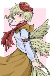 Rule 34 | 1girl, animal, animal on head, bird, bird on head, bird tail, bird wings, blonde hair, blush, chick, closed mouth, dated, dress, fe (tetsu), feathered wings, highres, long sleeves, multicolored hair, niwatari kutaka, on head, orange dress, red eyes, red hair, shirt, short hair, simple background, smile, solo, tail, touhou, two-tone hair, upper body, whistle, whistle around neck, whistling, white background, white shirt, wings, yellow wings
