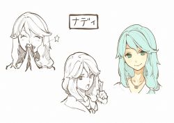 Rule 34 | 1girl, ^ ^, aqua eyes, aqua hair, atelier (series), atelier shallie, blush, character sheet, closed eyes, collarbone, female focus, hair ornament, hair over shoulder, hair tie, hidari (left side), index finger raised, jewelry, long hair, looking at viewer, monochrome, multiple views, nady elminus, official art, open mouth, own hands together, pendant, simple background, smile, star (symbol), white background