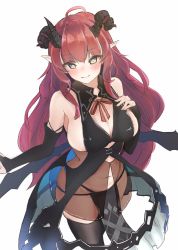 Rule 34 | 1girl, ahoge, bare shoulders, black panties, black thighhighs, black wings, blush, breasts, bridal gauntlets, cleavage, closed mouth, commentary request, curled horns, demon horns, hand on own chest, heart, heart-shaped pupils, highres, horns, large breasts, long hair, looking at viewer, magrona, magrona channel, navel, panties, pointy ears, red hair, red ribbon, ribbon, simple background, smile, solo, symbol-shaped pupils, thighhighs, underwear, virtual youtuber, white background, wings, zamari (zashiki warashi)