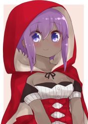 Rule 34 | 1girl, black sleeves, blush, breasts, brown background, cape, cleavage, closed mouth, collarbone, dark-skinned female, dark skin, detached sleeves, fate/prototype, fate/prototype: fragments of blue and silver, fate (series), hair between eyes, hassan of serenity (fate), highres, hood, hood up, hooded cape, i.u.y, looking at viewer, puffy short sleeves, puffy sleeves, purple eyes, purple hair, red cape, shirt, short sleeves, small breasts, smile, solo, two-tone background, upper body, white background, white shirt