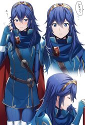 Rule 34 | 1girl, ameno (a meno0), belt, blue cape, blue eyes, blue gloves, blue hair, blue sweater, blush, brown belt, cape, closed eyes, closed mouth, falchion (fire emblem), fingerless gloves, fire emblem, fire emblem awakening, gloves, hair between eyes, holding, holding sword, holding weapon, jewelry, long hair, lucina (fire emblem), multiple views, nintendo, profile, red cape, ribbed sweater, simple background, speech bubble, sweater, sword, tiara, translation request, turtleneck, turtleneck sweater, two-tone cape, weapon, white background