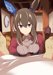 Rule 34 | 1girl, 1other, admire vega (umamusume), alternate costume, alternate eye color, animal ears, axe, barefoot, bed, bed frame, blush, breasts, brown eyes, brown hair, closed mouth, commentary request, ear covers, feet, hair between eyes, highres, horse ears, horse tail, indoors, long hair, looking at viewer, male focus, medium breasts, ponytail, pov, pov legs, sack, shield, single ear cover, smile, sword, tail, umamusume, wahiko (black bastard), weapon