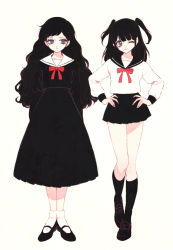 Rule 34 | 2girls, akiyama enma, ankle socks, arms at sides, beige background, black footwear, black hair, black sailor collar, black shirt, black skirt, black socks, black theme, blouse, blunt bangs, bobby socks, closed mouth, collarbone, contrapposto, expressionless, facing viewer, fingernails, flat chest, full body, grey eyes, hair behind ear, hands on own hips, head tilt, kneehighs, knees together feet apart, legs together, limited palette, loafers, long hair, long skirt, long sleeves, mary janes, medium hair, multiple girls, neck ribbon, one eye closed, original, pale skin, pleated skirt, puffy long sleeves, puffy sleeves, red ribbon, ribbon, ringed eyes, sailor collar, school uniform, shirt, shoes, side-by-side, sideways glance, simple background, skirt, smile, socks, standing, standing on one leg, swept bangs, thick eyelashes, tsurime, two side up, wavy hair, white background, white sailor collar, white shirt, white socks, white theme