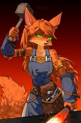 Rule 34 | 1girl, absurdres, amulet, animal ear fluff, animal ears, animal nose, anvil, armlet, asterigos: curse of the stars, blacksmith, body fur, colored sclera, detached sleeves, fox ears, fox girl, fox tail, furry, furry female, glowing, green sclera, hammer, highres, holding, holding hammer, miskaris, orange fur, slit pupils, snout, solo, tail, tool belt, vulcane (asterigos)