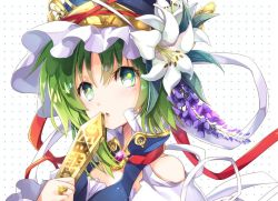 Rule 34 | 1girl, aqua eyes, bare shoulders, blue hat, blue vest, brooch, clothing cutout, flower, frilled hat, frills, green hair, hat, hat flower, hat leaf, hat ribbon, high collar, jewelry, lily (flower), looking at viewer, open mouth, portrait, red ribbon, ribbon, ring, rod of remorse, shiki eiki, short hair, shoulder cutout, solo, touhou, vest, white background, white flower, white ribbon, yamadori ofuu