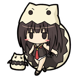 Rule 34 | 1girl, animal hat, bad id, bad pixiv id, bare arms, bare shoulders, black eyes, black footwear, black sailor collar, black shirt, blush stickers, brown hair, chibi, commentary request, emil chronicle online, hat, holding, jitome, long hair, looking at viewer, lowres, mary janes, necktie, nidoegg alma, panties, red necktie, ri-net, sailor collar, school uniform, serafuku, shirt, shoes, simple background, sleeveless, sleeveless shirt, solo, standing, underwear, very long hair, white background, white hair, white panties