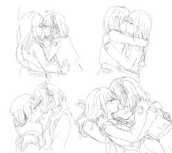 Rule 34 | 2girls, blush, braid, closed eyes, commentary request, french braid, greyscale, hair ribbon, hand on another&#039;s back, hand on another&#039;s shoulder, highres, hug, imminent kiss, inoue takina, kiss, long hair, lycoris recoil, lycoris uniform, masaru (kises j), medium hair, monochrome, multiple girls, nishikigi chisato, one side up, open mouth, parted lips, ribbon, scarf, sweat, yuri