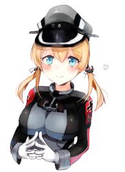 Rule 34 | 10s, 1girl, blonde hair, blue eyes, breasts, gloves, hat, heart, kantai collection, large breasts, long hair, peaked cap, prinz eugen (kancolle), senbei (senbe i), smile, solo, twintails, uniform
