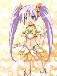 Rule 34 | 1girl, blue eyes, boots, bow, brooch, choker, collarbone, cosplay, cure sunshine, cure sunshine (cosplay), gloves, hair ribbon, heart, heart background, heart brooch, heartcatch precure!, highres, hiiragi kagami, knee boots, long hair, lucky star, magical girl, mai (t-5), mai t-5, midriff, navel, precure, purple hair, ribbon, skirt, smile, solo, tsurime, twintails, yellow background, yellow bow, yellow skirt