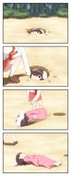 Rule 34 | 2girls, 4koma, :&lt;, absurdres, animal ears, barefoot, blurry, breasts squeezed together, breasts, brown footwear, brown hair, rabbit ears, bush, carrot, closed mouth, comic, dress, empty eyes, forest, hair between eyes, highres, hole, inaba tewi, large breasts, long sleeves, looking up, lying, motion blur, multiple girls, nature, no nose, on back, out of frame, outdoors, pink dress, reisen udongein inaba, shirosato, shirt, shoes, short hair, socks, squatting, stuck, throwing, touhou, tree, white legwear