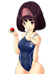 Rule 34 | 1girl, black hair, blue one-piece swimsuit, brown eyes, competition swimsuit, covered erect nipples, covered navel, cowboy shot, creatures (company), erika (pokemon), game freak, hairband, highleg, highleg swimsuit, highres, looking at viewer, nintendo, one-piece swimsuit, open mouth, poke ball, pokemon, short hair, simple background, sneezy, solo, swimsuit, thick thighs, thigh gap, thighs, white background, wide hips