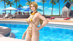 Rule 34 | 1girl, 3d, bikini, blonde hair, blue eyes, breasts, dead or alive, dead or alive xtreme 3 fortune, dead or alive xtreme beach volleyball, helena douglas, large breasts, long hair, official art, pool, salmon roe swimsuit, slingshot swimsuit, solo, swimsuit, tecmo