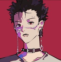 Rule 34 | 1boy, anti-eyebrow piercing, belt collar, black hair, closed mouth, collar, ear piercing, earrings, grey shirt, heart, heart earrings, honjou ren, jewelry, lip ring, looking at viewer, male focus, nana (series), null024, piercing, portrait, red background, red eyes, shirt, short hair, simple background, solo, spiked hair, t-shirt