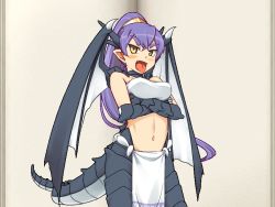 Rule 34 | 1girl, breasts, dragon girl, papi (mon-musu quest!), midriff, mon-musu quest!, naughty face, official art, aged up, tongue, tongue out, wings