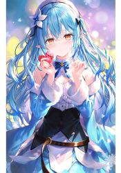 Rule 34 | 1girl, absurdres, ahoge, bare shoulders, belt, blue hair, blush, bow, bowtie, box, breasts, cleavage, coat, corset, flower, hair flower, hair ornament, hands up, hat, heart, heart-shaped box, highres, holding, holding box, hololive, large breasts, long hair, long sleeves, looking at viewer, open clothes, open coat, pointy ears, rin yuu, scan, simple background, skirt, sleeveless, smile, snowflakes, solo, upper body, virtual youtuber, yellow eyes, yukihana lamy