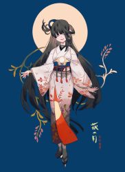 Rule 34 | 1girl, black footwear, blue background, brown hair, closed eyes, closed mouth, facing viewer, full body, grey legwear, hair ornament, head tilt, japanese clothes, kimono, long hair, long sleeves, newo (shinra-p), one side up, original, print kimono, sandals, solo, standing, tabi, translation request, very long hair, white kimono, wide sleeves, zouri