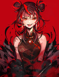 Rule 34 | 1girl, :d, bare shoulders, breasts, china dress, chinese clothes, double bun, dress, earrings, hair bun, highres, jewelry, looking at viewer, open mouth, original, pokimari, red background, red eyes, red hair, simple background, small breasts, smile, solo, teeth, tongue, tongue out