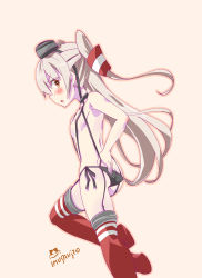 Rule 34 | 10s, 1girl, amatsukaze (kancolle), black panties, breasts, brown eyes, butt crack, choker, garter straps, hair tubes, hairband, highres, imu sanjo, kantai collection, long hair, looking at viewer, open mouth, panties, side-tie panties, silver hair, simple background, small breasts, solo, striped clothes, striped thighhighs, thighhighs, two side up, underwear