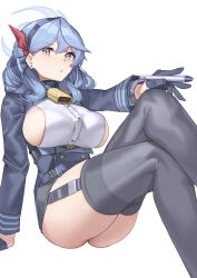 Rule 34 | :o, absurdres, ako (blue archive), ass, bad id, bad pixiv id, bell, black gloves, black skirt, blue archive, blue coat, blue eyes, blue hair, blue hairband, breasts, coat, cowbell, earrings, foreshortening, garter straps, gloves, hair between eyes, hairband, half gloves, halo, highres, holding, holding pen, jewelry, large breasts, leash, long hair, looking at viewer, miniskirt, mung (larnec), neck bell, open mouth, pen, red ribbon, ribbon, sideboob, simple background, sitting, skirt, stud earrings, thighhighs, white background