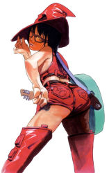 Rule 34 | 1girl, arc system works, ass, electric guitar, guilty gear, guilty gear xx, guitar, hat, i-no, instrument, ishiwatari daisuke, latex, looking back, mole, nail polish, official art, short hair, short shorts, shorts, simple background, solo, sunglasses, tank top, thighhighs