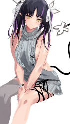 Rule 34 | 1girl, black hair, black ribbon, blush, breasts, closed mouth, commentary request, demon girl, demon horns, demon tail, feet out of frame, grey sweater, grey thighhighs, haikeiyu, hair ribbon, highres, horns, invisible chair, kojo anna, kojo anna (3rd costume), leg ribbon, long hair, looking at viewer, medium breasts, meme attire, multicolored hair, nanashi inc., official alternate costume, pointy ears, purple hair, ribbon, sideboob, simple background, sitting, smile, solo, sugar lyric, sweater, tail, thighhighs, twintails, two-tone hair, virgin killer sweater, virtual youtuber, watch, white background, white ribbon, wristwatch, yellow eyes