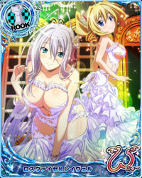 Rule 34 | 2girls, antenna hair, aqua eyes, bare shoulders, blonde hair, blue eyes, blush, breasts, card (medium), character name, chess piece, cleavage, closed mouth, dress, drill hair, flower, hair flower, hair ornament, hair ribbon, high heels, high school dxd, high school dxd new, large breasts, leaning forward, lingerie, long hair, looking at viewer, multiple girls, navel, official art, ravel phenex, ribbon, rook (chess), rossweisse, sideboob, silver hair, smile, torn clothes, trading card, twin drills, twintails, underwear, very long hair, white dress, white footwear