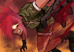Rule 34 | 1girl, alternate hair color, blood, boots, crop top, dark persona, earrings, gloves, glowing, glowing eyes, hair over one eye, jewelry, kagehi no loo, leona heidern, long hair, midriff, no pupils, orochi leona, pink hair, ponytail, red hair, shorts, snk, solo, the king of fighters