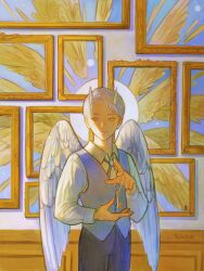Rule 34 | 1boy, absurdres, blue pants, blue vest, bolo tie, closed mouth, collared shirt, commentary, cowboy shot, expressionless, feathered wings, grey hair, halo, hand up, highres, holding, holding key, horns, indoors, key, looking at viewer, male focus, orange eyes, original, painting (object), pants, shirt, short hair, sideways glance, sky, solo, sun, sunlight, symbol-only commentary, twitter username, vest, white shirt, white wings, wings, ya0n0524