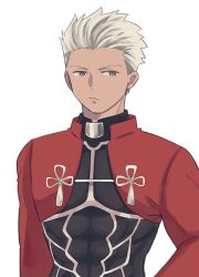 Rule 34 | 1boy, abs, archer (fate), armor, black armor, closed mouth, covered abs, dark-skinned male, dark skin, fate/stay night, fate (series), grey eyes, hand on own hip, harusima, highres, looking to the side, male focus, muscular, muscular male, red armor, short hair, solo, white background, white hair