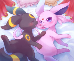 Rule 34 | blush, creatures (company), espeon, eyelashes, forehead jewel, forked tail, game freak, gen 2 pokemon, hair biting, markings, nintendo, no humans, pink hair, pokemon, pokemon (creature), purple eyes, shii (no-va could), sidelocks, smile, sweat, tail, umbreon