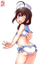 Rule 34 | 1girl, ahoge, alternate costume, anchor symbol, artist logo, ass, bikini, black hair, blue eyes, blue sailor collar, blush, braid, commentary request, contrapposto, dated, dixie cup hat, from behind, hair over shoulder, hat, head tilt, highres, idolmaster, kanon (kurogane knights), kantai collection, looking at viewer, looking back, military hat, one eye closed, sailor bikini, sailor collar, sailor swimsuit (idolmaster), shigure (kancolle), side-tie bikini bottom, simple background, single braid, solo, swimsuit, white background, white bikini, white hat