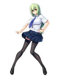 Rule 34 | 1girl, absurdres, aishuu hebiko, black thighhighs, closed mouth, full body, green eyes, hand on own hip, highres, kagami hirotaka, lilith-soft, loafers, long hair, looking at viewer, necktie, official art, pleated skirt, shiny clothes, shoes, short sleeves, sidelocks, simple background, skirt, smile, solo, taimanin (series), taimanin asagi, taimanin rpgx, thighhighs, white background, white skirt, yellow eyes, zettai ryouiki