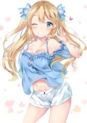 Rule 34 | 1girl, ;d, arm up, armpits, artist name, bad id, bad pixiv id, bare shoulders, blonde hair, blue eyes, blue ribbon, blue shirt, blush, breasts, cleavage, collarbone, colored eyelashes, cowboy shot, earrings, frilled shirt, frills, glint, hair ribbon, heart, jewelry, legs apart, long hair, looking at viewer, medium breasts, navel, off-shoulder shirt, off shoulder, one eye closed, open mouth, original, ribbon, shirt, short shorts, shorts, single earring, smile, solo, standing, suihi, tareme, teeth, thighs, two side up, w, white background, white shorts