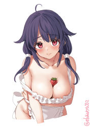 Rule 34 | 1girl, ahoge, apron, arm under breasts, blush, breasts, closed mouth, collarbone, cropped legs, ebifurya, food, food between breasts, frilled apron, frills, fruit, furrowed brow, hair flaps, highres, kantai collection, large breasts, leaning forward, looking at viewer, low twintails, naked apron, one-hour drawing challenge, purple hair, simple background, solo, strap slip, strawberry, taigei (kancolle), twintails, twitter username, white apron, white background