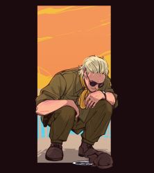 Rule 34 | 1boy, blonde hair, boots, cat, eating, english text, hands on own knees, kazuhira miller, looking at animal, looking down, male focus, metal gear (series), metal gear solid: peace walker, outdoors, plate, res (spkofthdvl), smile, solo, squatting, sunrise, watch, wristwatch, yellow neckwear