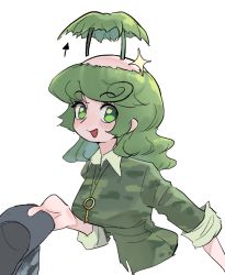 Rule 34 | 1girl, bald, bald cap, bald girl, blouse, breasts, camouflage, camouflage shirt, collared shirt, cropped torso, frogsnake, green eyes, green hair, green shirt, hat, holding, holding clothes, holding hat, jewelry, key, key necklace, long hair, looking at viewer, medium breasts, necklace, open mouth, shirt, simple background, sleeve rolled up, smile, solo, swirl, touhou, unworn hat, unworn headwear, wavy hair, white background, yamashiro takane
