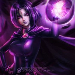 Rule 34 | 1girl, axsen, breasts, cape, colored skin, contrapposto, dc comics, energy ball, feathers, forehead jewel, grey skin, hand on own hip, large breasts, purple eyes, purple hair, raven (dc), solo, standing, teen titans, watermark, web address