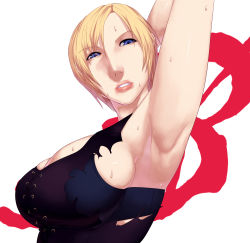 Rule 34 | armpits, aya brea, bare shoulders, blonde hair, blue eyes, blush, breasts, cleavage, parasite eve, parasite eve the 3rd birthday, sawao, short hair, square enix, sweat, torn clothes