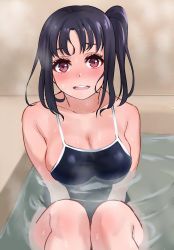 1girl, bangs, bathroom, bathtub, black hair, blush, breasts, cleavage cutout, clothing cutout, collarbone, commentary request, highres, igarashi kyouhei, kazuno sarah, knees up, large breasts, love live!, love live! sunshine!!, medium hair, open mouth, partially submerged, purple eyes, school swimsuit, side ponytail, sidelocks, sitting, solo, steam, swimsuit, upper teeth