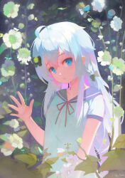 Rule 34 | 1girl, absurdres, ahoge, bell, black bow, blue butterfly, blue eyes, blue hair, blue sailor collar, bow, braid, bug, butterfly, child, collarbone, commentary request, flower, hair bell, hair between eyes, hair bow, hair ornament, haku89, hand up, highres, indie virtual youtuber, insect, jingle bell, kagura nana, leaf, light blush, long hair, looking at viewer, nature, open mouth, red ribbon, ribbon, sailor collar, shirt, short sleeves, sidelighting, sidelocks, signature, single braid, solo, upper body, virtual youtuber, waving, white flower, white shirt