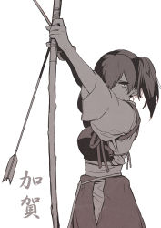 Rule 34 | 10s, 1girl, arrow (projectile), bow (weapon), character name, drawing bow, female focus, highres, holding, holding bow (weapon), holding weapon, japanese clothes, kaga (kancolle), kantai collection, looking at viewer, monochrome, muneate, nanami (fuku), side ponytail, simple background, solo, weapon, white background