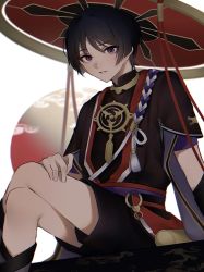 Rule 34 | 1boy, arm support, armor, black hair, black shirt, black shorts, blunt ends, blush, commentary request, crossed legs, feet out of frame, genshin impact, hat, highres, japanese armor, japanese clothes, jewelry, jingasa, kote, kurokote, looking at viewer, male focus, necklace, parted bangs, parted lips, purple eyes, red hat, red pupils, red ribbon, ribbon, rope, scaramouche (genshin impact), shin (mac no), shirt, short hair, short shorts, short sleeves, shorts, sidelocks, sitting, solo, tassel, white background, wide sleeves