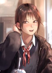 Rule 34 | 1girl, arm behind head, blurry, blurry background, blush, brown hair, brown jacket, collared shirt, depth of field, embarrassed, grey vest, tucking hair, hand up, highres, jacket, kilye kairi, long sleeves, looking at viewer, neck ribbon, open clothes, open jacket, original, red ribbon, ribbon, school uniform, shirt, short hair, smile, solo, upper body, vest, white shirt, wing collar
