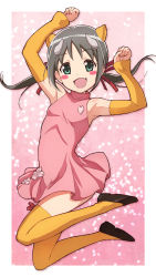 Rule 34 | 1girl, :d, absurdres, animal ears, armpits, arms up, bare shoulders, blush stickers, breasts, brown footwear, commentary request, detached sleeves, dress, etotama, fang, fingernails, full body, green eyes, grey hair, hair ribbon, head tilt, highres, horns, long hair, long sleeves, looking at viewer, low twintails, nyama, open mouth, orange sleeves, orange thighhighs, pig ears, pink dress, red ribbon, ribbon, shoes, sleeveless, sleeveless dress, sleeves past wrists, small breasts, smile, solo, thighhighs, twintails, uri-tan