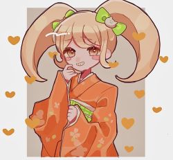 Rule 34 | 1girl, ameko53133, blonde hair, blush stickers, bow, brown background, cat hair ornament, commentary request, danganronpa (series), danganronpa 2: goodbye despair, grin, hair bow, hair ornament, heart, japanese clothes, kimono, long hair, long sleeves, looking at viewer, outside border, saionji hiyoko, smile, solo, twintails, white background, wide sleeves