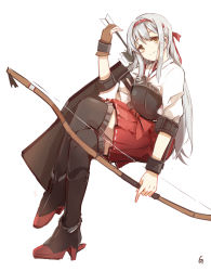 Rule 34 | 10s, 1girl, arrow (projectile), bow (weapon), ghost (ghost528), gloves, hairband, hakama, hakama short skirt, hakama skirt, highres, japanese clothes, kantai collection, long hair, muneate, quiver, shoukaku (kancolle), silver hair, skirt, smile, solo, weapon, yellow eyes