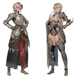 Rule 34 | 2girls, armor, armored boots, bikini armor, blonde hair, blue eyes, boots, breasts, cape, cleavage, closed mouth, commentary, cuirass, dual persona, english commentary, full armor, fur-trimmed cape, fur trim, gauntlets, greaves, hands on own hips, helmet, long hair, medium breasts, multiple girls, original, plate armor, simple background, skirt, smile, standing, swept bangs, tabard, tahra, thighs, white background