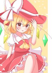 Rule 34 | 1girl, :p, absurdres, ako oekaki, arm up, ascot, blonde hair, blush, bow, crystal wings, dot nose, feet out of frame, flandre scarlet, frilled bow, frilled shirt collar, frilled skirt, frilled sleeves, frills, hair between eyes, hand on headwear, hat, hat bow, heart, heart in eye, highres, looking at viewer, medium hair, puffy short sleeves, puffy sleeves, red eyes, red hat, red skirt, red vest, shirt, short sleeves, sitting, skirt, solo, sound effects, symbol in eye, tongue, tongue out, touhou, vest, white bow, white shirt, yellow ascot, yellow background