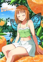 Rule 34 | 1girl, :p, ahoge, bare arms, bare shoulders, blush, breasts, butterfly wings, camisole, cleavage, closed eyes, collarbone, food, frilled camisole, frills, fruit, furrowed brow, green camisole, hair down, highres, insect wings, love live!, love live! sunshine!!, mandarin orange, midriff, miniskirt, navel, orange hair, pleated skirt, qy73, shirt, short hair, sitting, skirt, solo, spaghetti strap, takami chika, tongue, tongue out, white shirt, wings